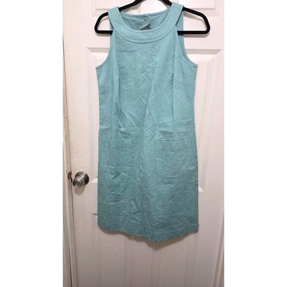 NWT Ann Taylor Sleeveless Aqua Blue Textured A-Line 90s Dress Pockets & Button B - Picture 2 of 7